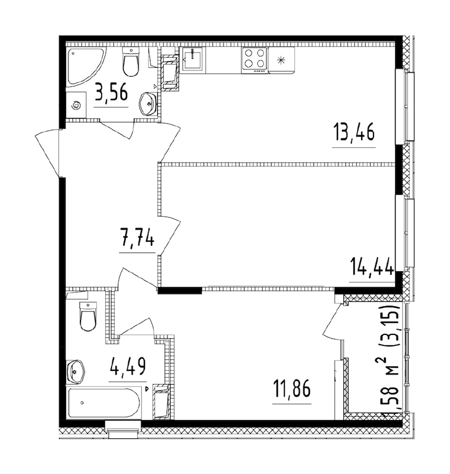 2-комнатная квартира 55.55 м², 14/14 эт., ЖК «Чёрная речка»
